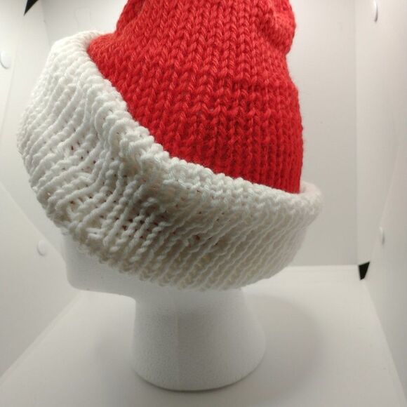 Hand Crafted Knit Unisex Hat Red White Winter Warm Beanie Slouchy Ski Cap - Picture 2 of 10